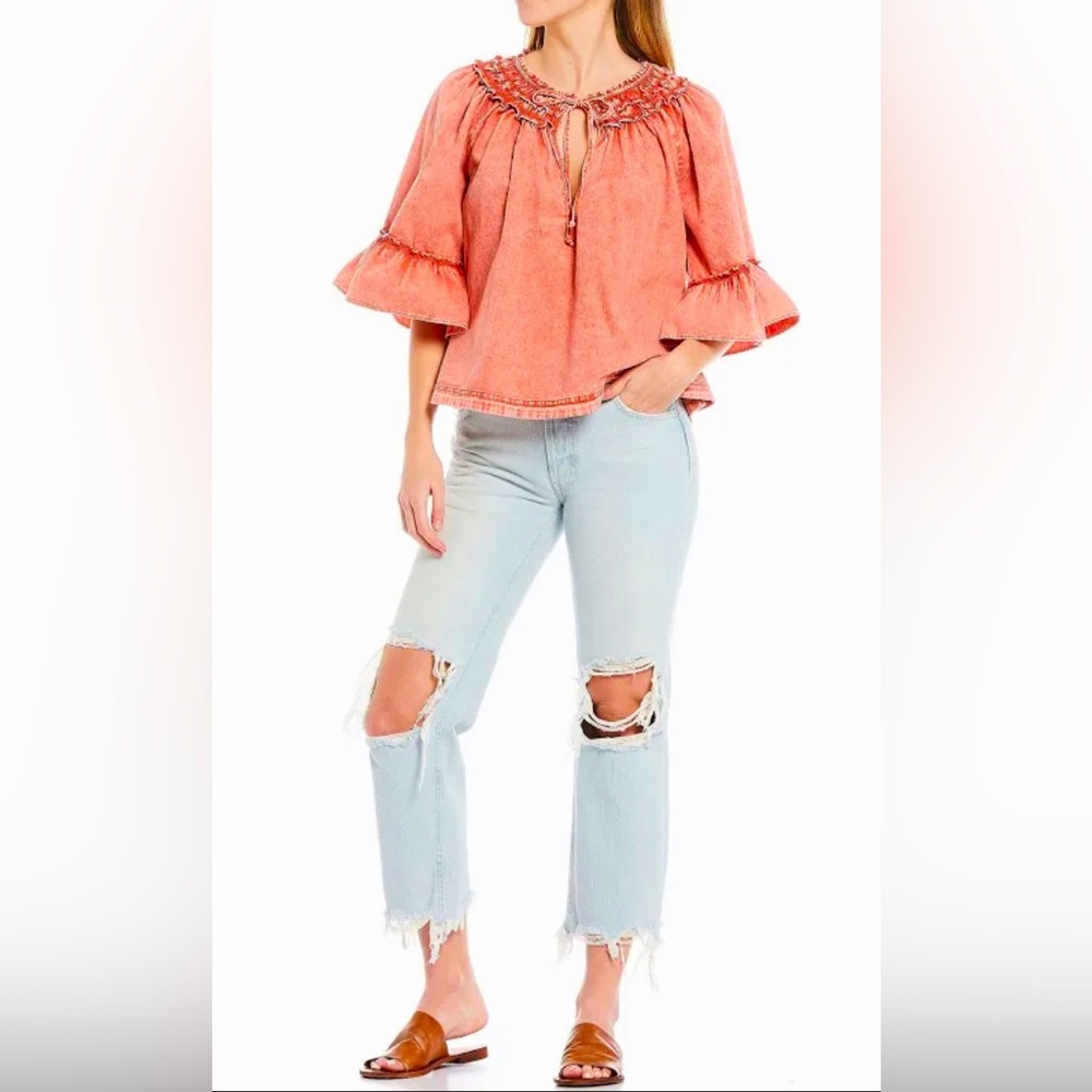 Free People Womens Ainsley Denim Top - Rose Wash